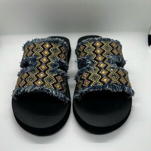 BRAND NEW Cato Beaded Denim Fringe Slide Sandals - Size 7